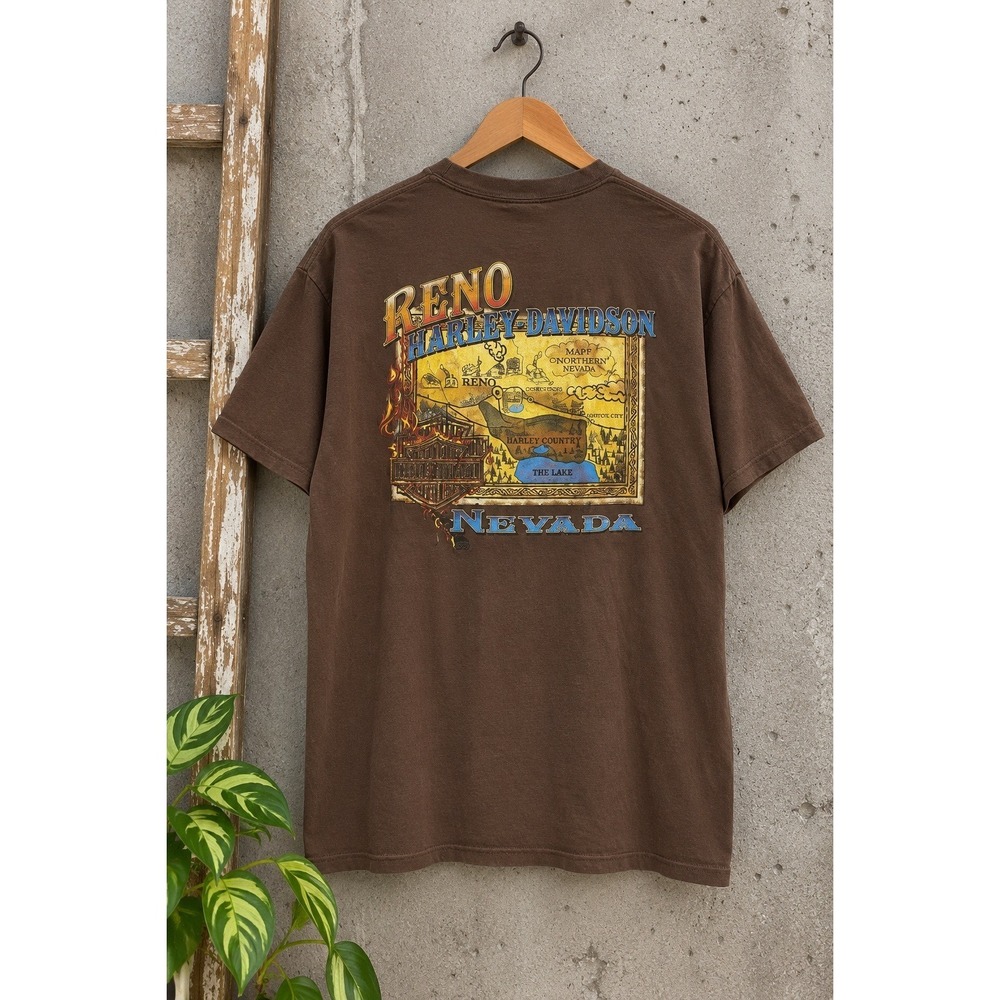 Harley-Davidson Reno Nevada Map Graphic T-Shirt Brown Mens Large Made in USA L